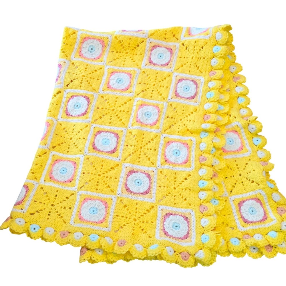 Vintage Handmade Crochet Granny Square Throw Blanket Bright Yellow Nursery Decor